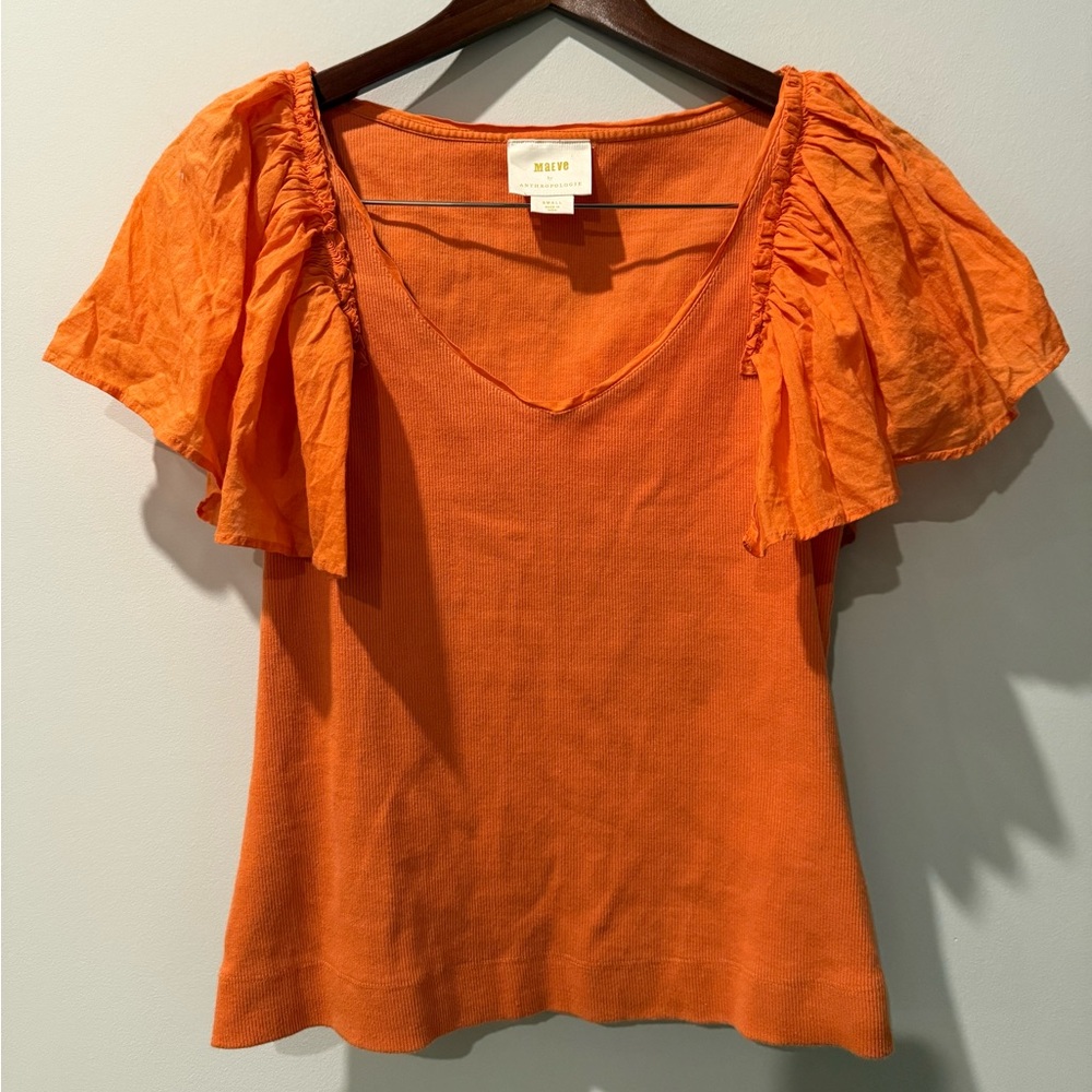 Anthropologie Vibrant Orange Blouse with Ruffle Sleeves Size S